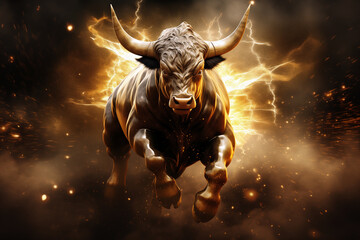 charging bull surrounded by golden_light_particles running. Stockmarket with bullmarket picture	
 - obrazy, fototapety, plakaty