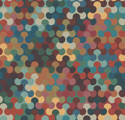 Dotty design in retro style. Multicolored jigsaw of small interlocking circles. Geometric dots ornament in vintage colors. Seamless repeating pattern. Vector illustration.