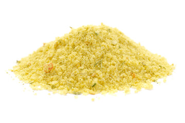 Chicken broth powder isolated on white background. Aromatic seasoning of chicken broth with...