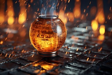 Antique glass lamp with fire. Fantasy illustration - obrazy, fototapety, plakaty