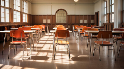 Desks and chairs arranged in an empty room with a brick floor.