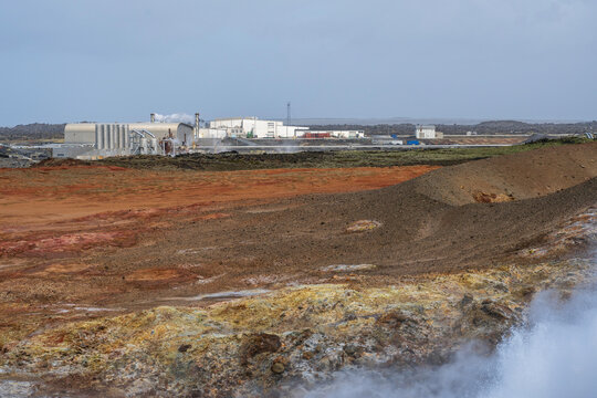 Geothermal Power Plant Located At Reykjanes Peninsula In Iceland near grindavik,  the blue lagoon and gunnuhver hot spring -Alternative green energy. Europe