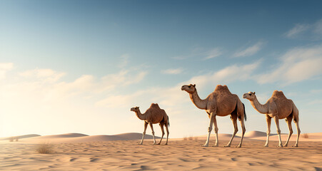 Fototapeta na wymiar Tuareg with camels walk thru the desert, Camels walking in the desert, Group of camels walking in the Arabian desert. Riyadh, Saudi Arabia