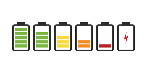 Icon showing battery status and battery charging, vector illustration on a white background.