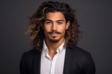 Obraz premium Picture of man with long curly hair wearing fashionable suit. This versatile image can be used to represent trendy businessman, stylish model, or professional with unique sense of style