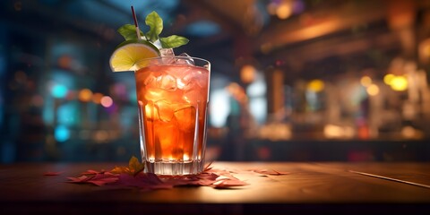 Mai tai cocktail on a bar counter with blurred bar behind, generative AI