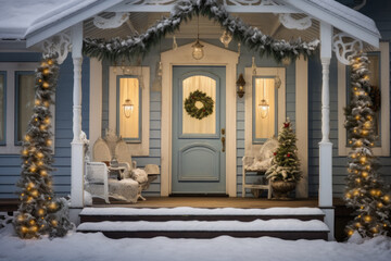Christmas decorations on the porch of a wooden house. Christmas background.