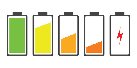 Icon showing battery status and battery charging, vector illustration on a white background.