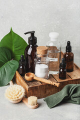 zero waste eco friendly cleaning concept. wooden brushes, baking soda, vinegar