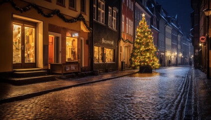 Fototapeta premium A Shimmering Christmas Tree Lighting Up the Night in the City 