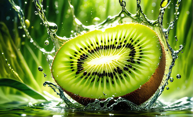Fresh kiwi fruit with water splashes on black background.