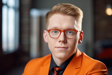 Young man wearing glasses and dressed in orange suit. This picture can be used for various purposes, such as business, fashion, or creative concepts
