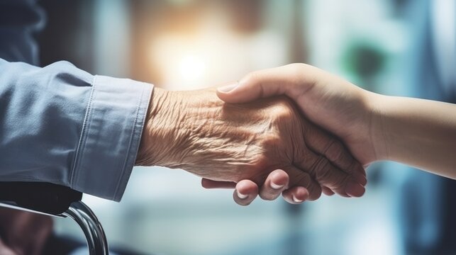 Young woman and old man holding hands. Parkinson disease. Support for eldery people