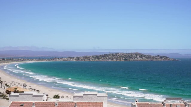 high angle panoramic view to Tongoy coastal town and Pacific Ocean in Coquimbo region.
