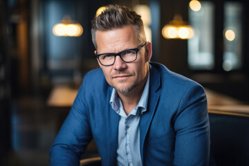 Fototapeta premium Man wearing blue jacket and glasses sitting at table. This image can be used to depict professional working or studying at desk