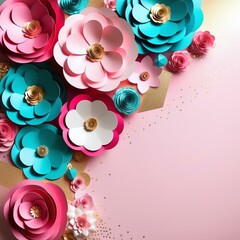 Ethereal Blossom Border: Blue, Pink, and Gold Color Scheme with 3D Paper Flowers, a Delightful and...