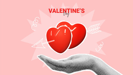 Modern banner for Valentine's day. Halftone hand holds couple red hearts with hand drawn arrow. Collage with cut out symbols of Valentine's day. Vector illustration with doodles.