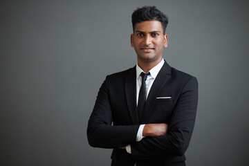 Studio portrait of smiling confident young businessman in suit crossing arms and looking at camera