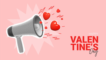 Happy Valentine's day background. Halftone megaphone, loudspeaker with red 3d hearts and doodles. Collage with cut out symbols of Valentine's day. Vector illustration for party, posters, cards. - obrazy, fototapety, plakaty