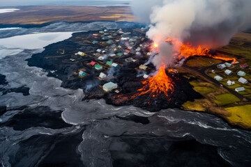 Aerial view of Icelandic town devastated by lava from a volcanic eruption. Grindavík, Reykjanes Peninsula, Iceland. - obrazy, fototapety, plakaty