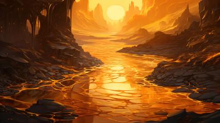 Nature Golden River in Cartoon Style