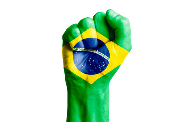 Man hand fist of BRAZIL flag painted. Close-up.