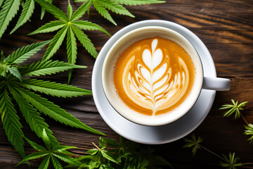 Cannabis Cappuccino coffee with Hemp Milk , milk foam, marijuana leaf on rustic wood background