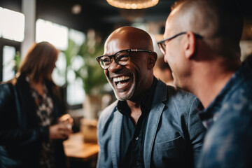 Picture of man wearing suit and glasses, laughing. This image can be used to depict joy, happiness, or humor in various professional settings - obrazy, fototapety, plakaty