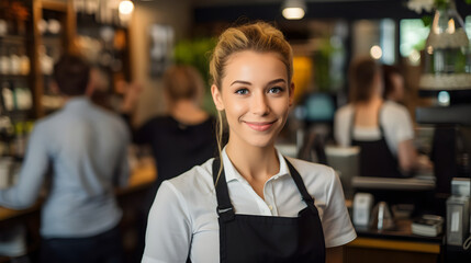 smiling, young and attractive saleswoman, cashier serving customers,  Generative AI - obrazy, fototapety, plakaty