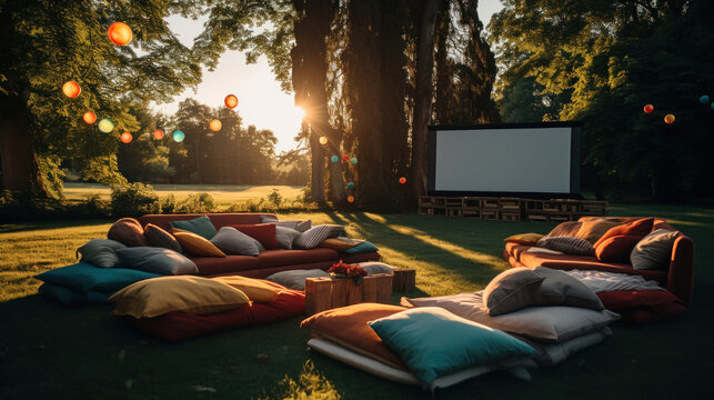 An open-air cinema setup with a screen and bean bags on grass.