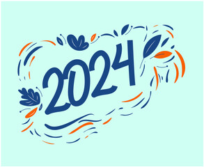 Fototapeta na wymiar 2024 Happy New Year Holiday Abstract Blue And Orange Graphic Design Vector Logo Symbol Illustration With Cyan Background
