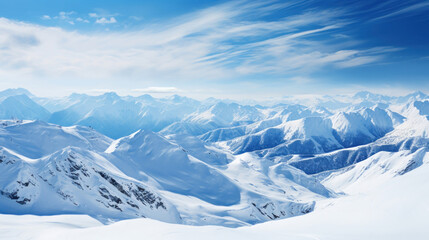 Fototapeta na wymiar Snow-covered peaks under a blue sky and clouds.