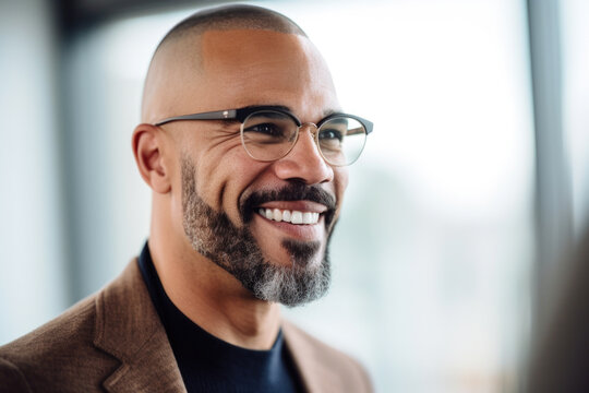 Picture of man with glasses and beard smiling. This image can be used to portray happiness, confidence, and professionalism