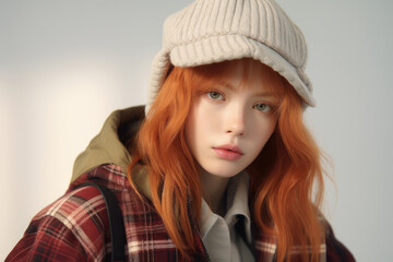 Woman with red hair wearing hat. This image can be used for fashion, lifestyle, or outdoor-themed projects