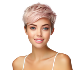 Portrait of young happy woman with short funky hairstyle. Skin care beauty, skincare cosmetics, dental concept. Isolated over transparent background. 