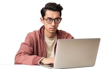 Man sitting at table using laptop computer. Suitable for business, technology, and remote work concepts