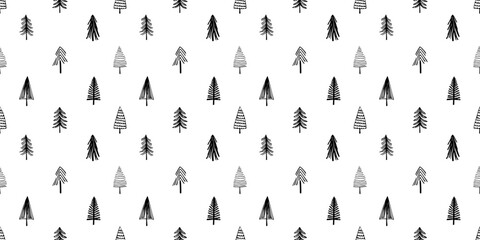 Hand drawn christmas tree seamless pattern illustration. Black and white pine drawing background for festive xmas celebration event. Holiday nature texture print, december decoration wallpaper.