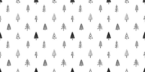 Hand drawn christmas tree seamless pattern illustration. Black and white pine drawing background for festive xmas celebration event. Holiday nature texture print, december decoration wallpaper.