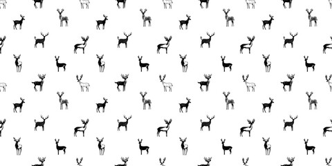 Hand drawn christmas deer seamless pattern illustration. Black and white reindeer doodle background for festive xmas celebration event. Holiday animal texture print, december decoration wallpaper.