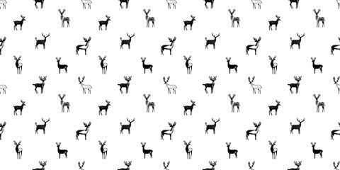 Hand drawn christmas deer seamless pattern illustration. Black and white reindeer doodle background for festive xmas celebration event. Holiday animal texture print, december decoration wallpaper.