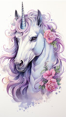 Magical cute unicorn pink fantasy background. Watercolor unicorn, magical unicorn pastel colored illustration white background.