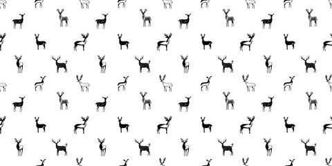 Hand drawn christmas deer seamless pattern illustration. Black and white reindeer doodle background for festive xmas celebration event. Holiday animal texture print, december decoration wallpaper.