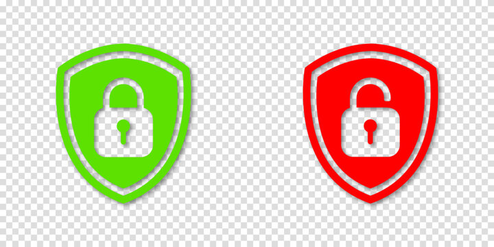 Green lock and red unlock padlock with shiled icons. Vector clipart illustration on a transparent background. For web site or mobile app about security information.