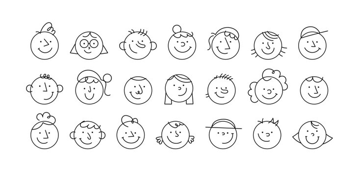 Black and white cartoon character face circle avatar illustration set. Funny people faces, diverse profile icon in trendy cartoon style. Social media reaction sticker, children portrait drawing.
