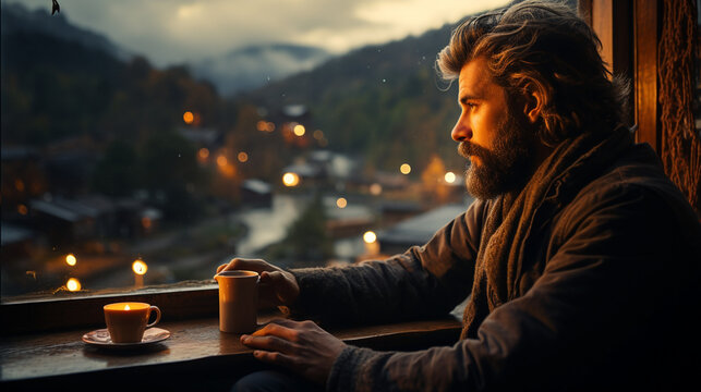 A wide horizontal photo banner image of tired man thinking and looking outside from a topical hotel window and holding a coffee glass in a cold day and misty mountain background