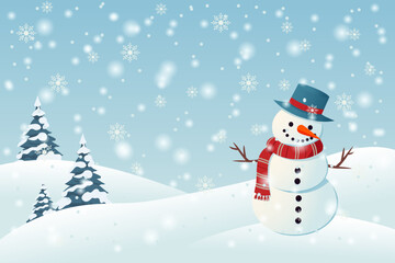 Snowman with a red scarf and hat against a background of snowdrifts and fir trees in snowy weather. Christmas or New Year cartoon flat vector illustration for poster, card, banner or cover.