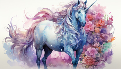 Obraz na płótnie Canvas Magical cute unicorn pink fantasy background. Watercolor unicorn, magical unicorn pastel colored illustration white background.