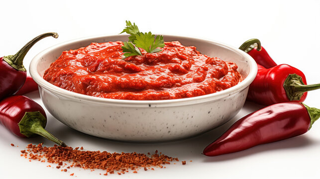 Spicy dip of red chili, presented with pepper on white.