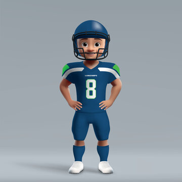 3d cartoon cute young american football player in Seattle uniform.