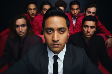 Man in suit sitting in front of group of men. Suitable for business and leadership concepts